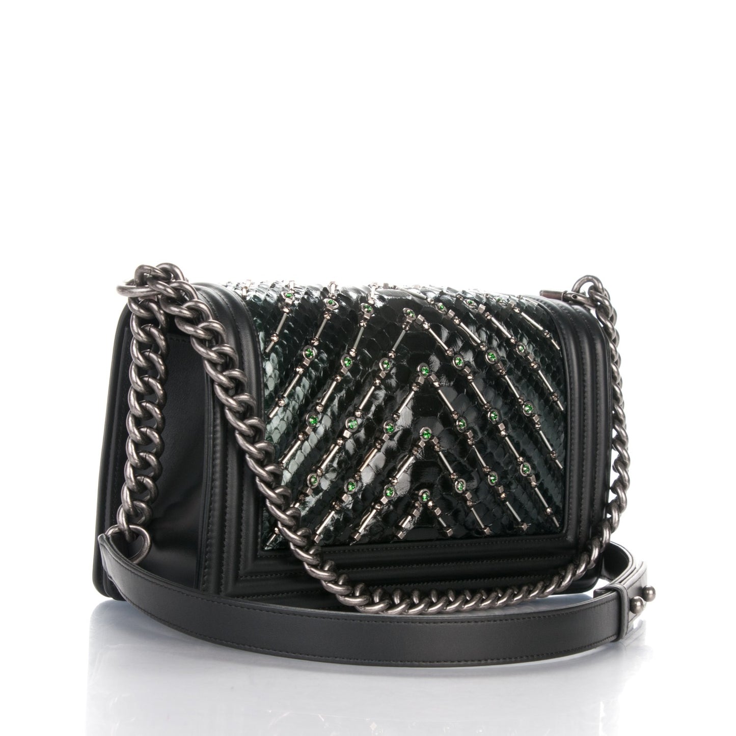 Lambskin Embroidered Python Chevron Medium Boy Flap Black Green