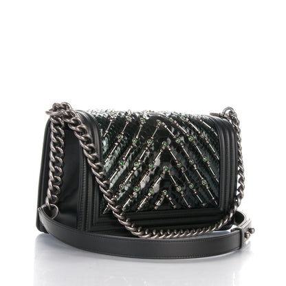 Chanel Lambskin Embroidered Python Chevron Medium Boy Flap Black Green 3 of 9