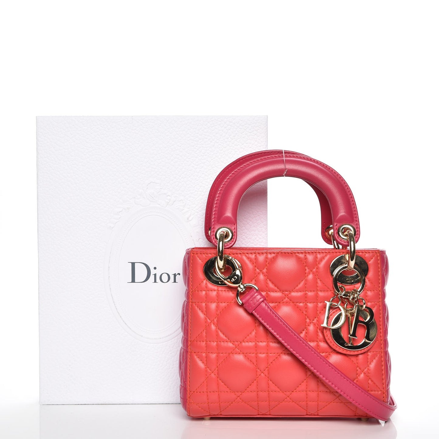 Lambskin Cannage Mini Bi-Color Lady Dior Orange Fuchsia