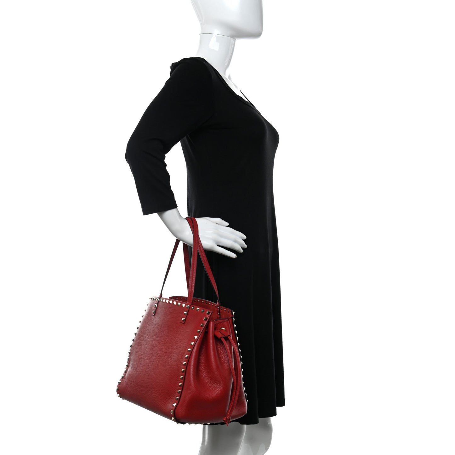 Grained Calfskin Rockstud Double Handle Cinch Tote Rosso Valentino
