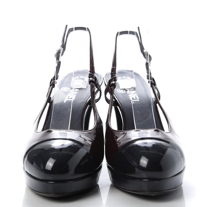 Chanel Patent Cap Toe Slingback Heels 41 Burgundy Navy 2 of 9