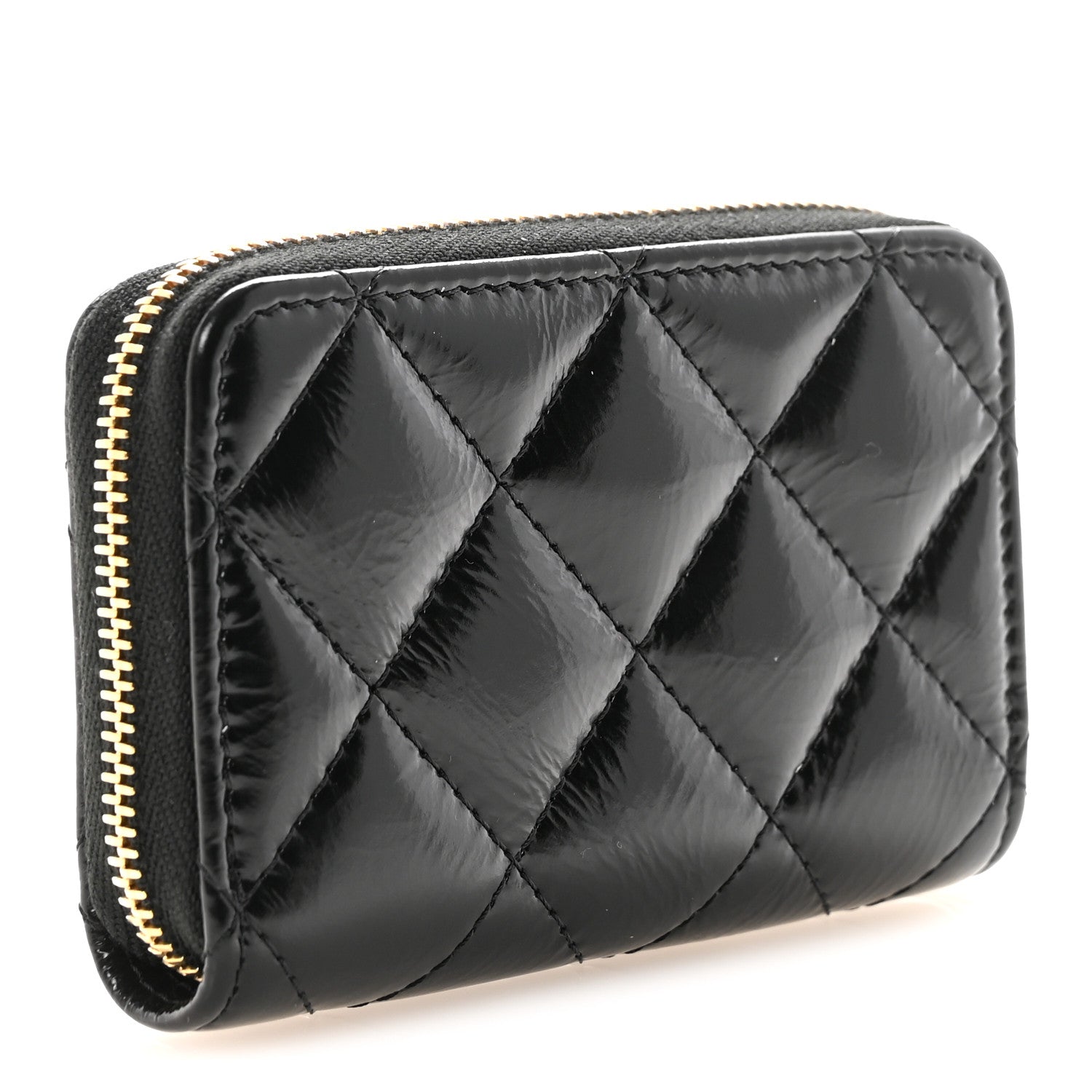 Chanel Shiny Lambskin Quilted Textured CC Zip Coin Purse Black