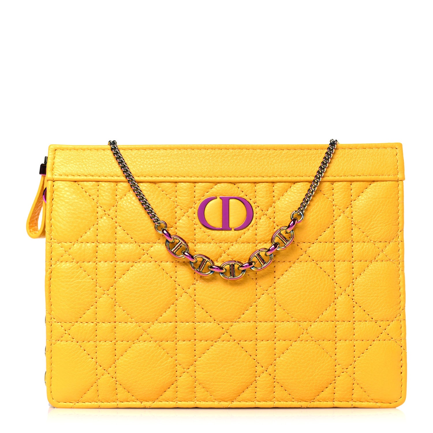 Christian Dior Calfskin Cannage Caro Zipped Pouch With Chain Sunny Yellow 1 of 9