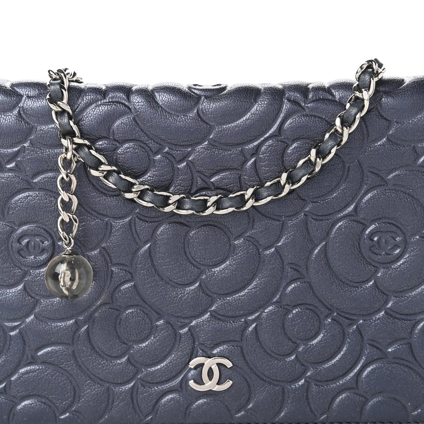 Goatskin Camellia Embossed Wallet On Chain WOC Blue