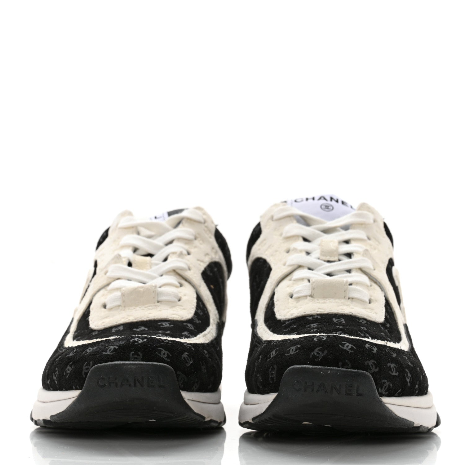 Chanel Nylon Suede Calfskin Printed CC Sneakers 38.5 White Black 2 of 9