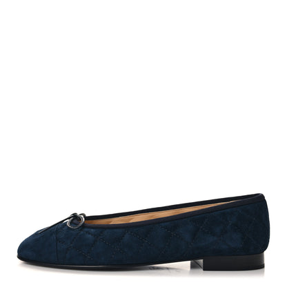 Chanel Suede Calfskin Quilted Cap Toe CC Ballerina Flats 38 Navy 1 of 9