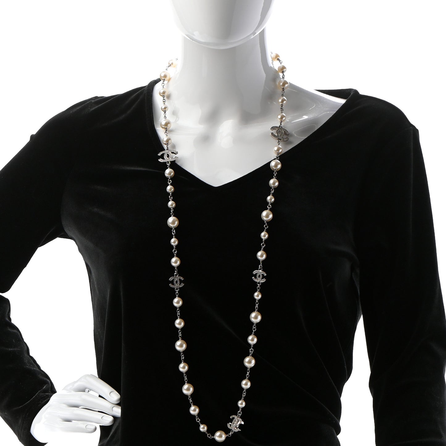 Crystal Pearl CC Long Necklace Silver
