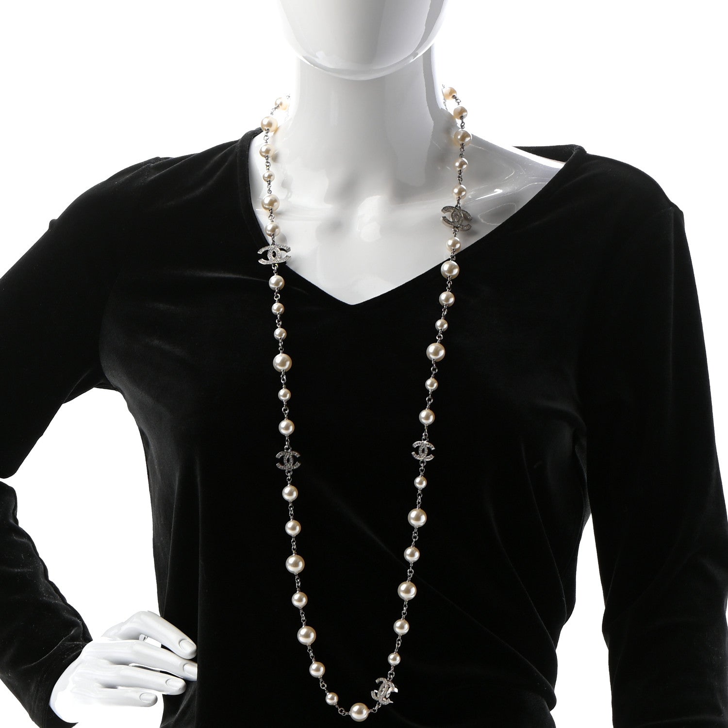 Chanel Crystal Pearl CC Long Necklace Silver 2 of 5