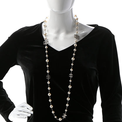 Chanel Crystal Pearl CC Long Necklace Silver 2 of 5