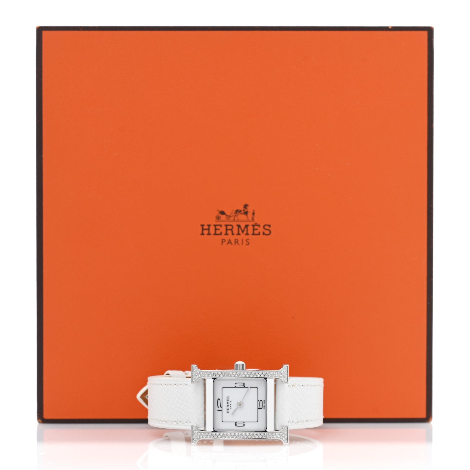 Hermes Stainless Steel Epsom Diamond Lacquer 21mm Heure H Hour Double Jeu Quartz Watch Blanc 5 of 5