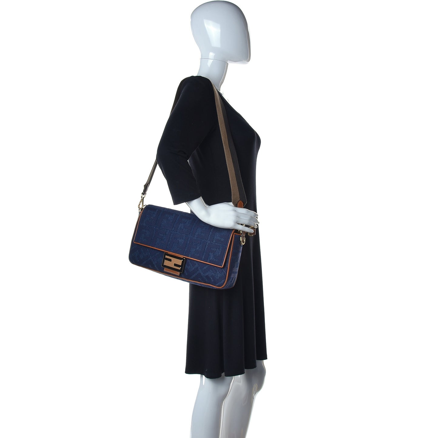 Denim Vitello King FF Embroidered Large Baguette Blue Cuoio