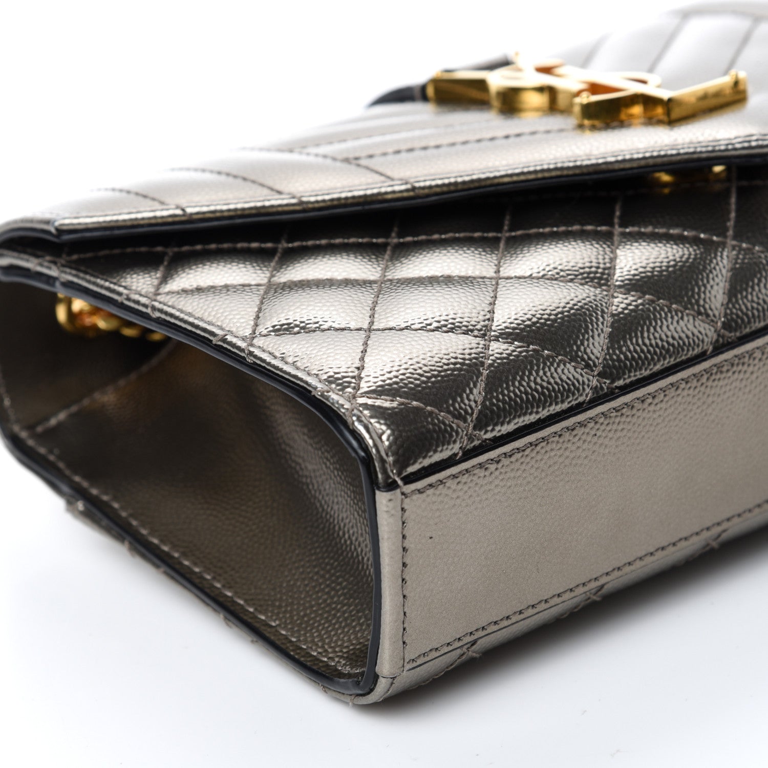 Saint Laurent Metallic Grain De Poudre Textured Mixed Matelasse Triquilt Small Monogram Satchel Piombo 6 of 9