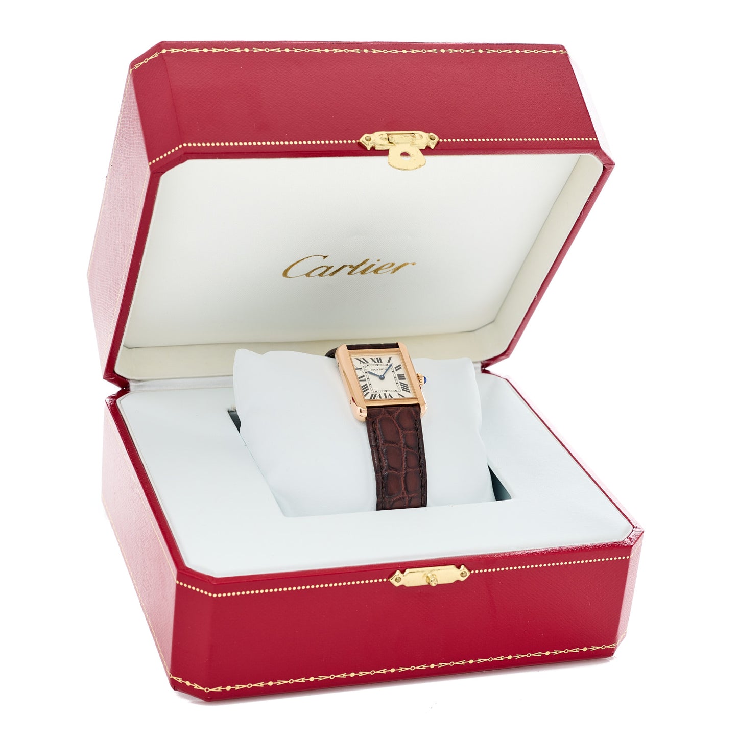 Stainless Steel 18K Pink Gold Alligator 24mm Tank Solo Quartz Watch Brown