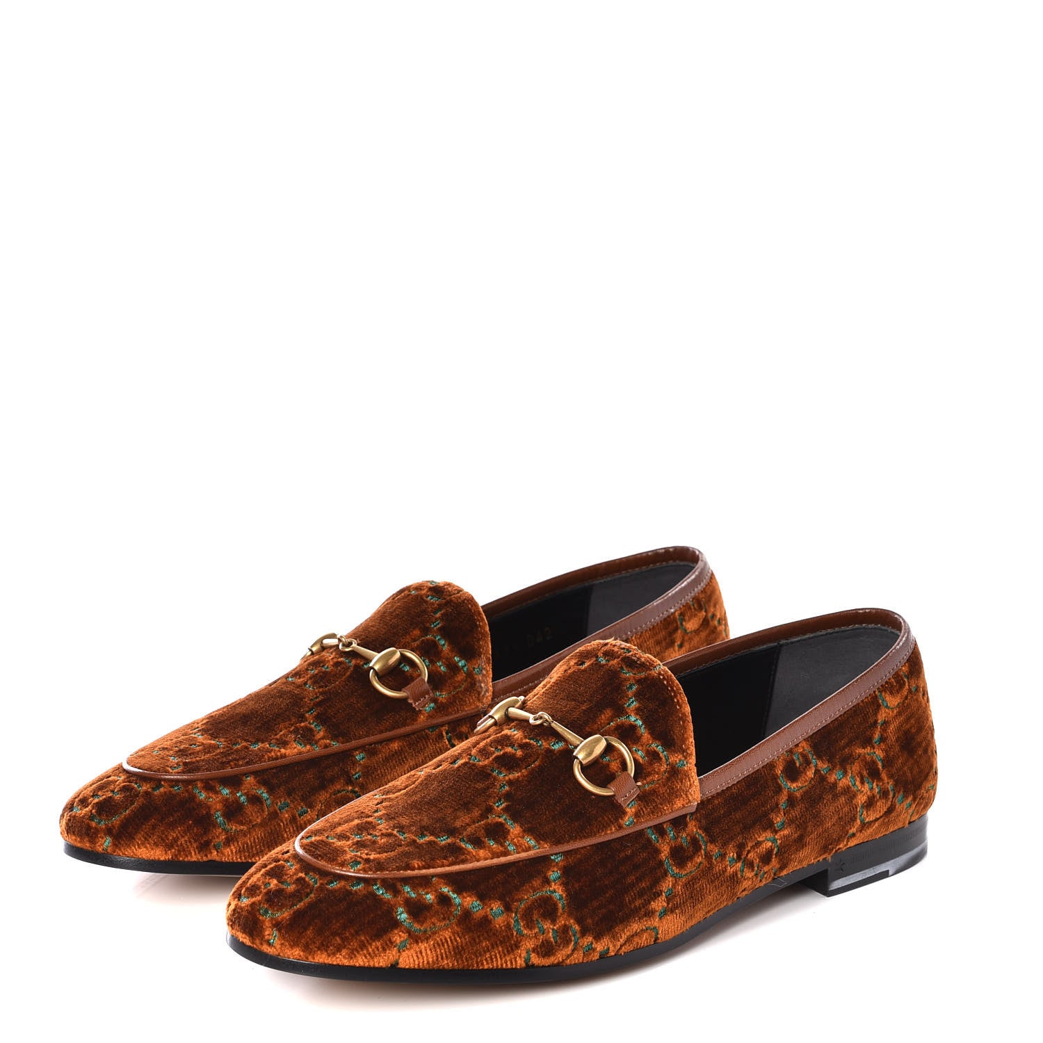 Gucci Velvet GG Monogram Horsebit Womens Jordaan Loafers 39.5 Cognac Green 2 of 11