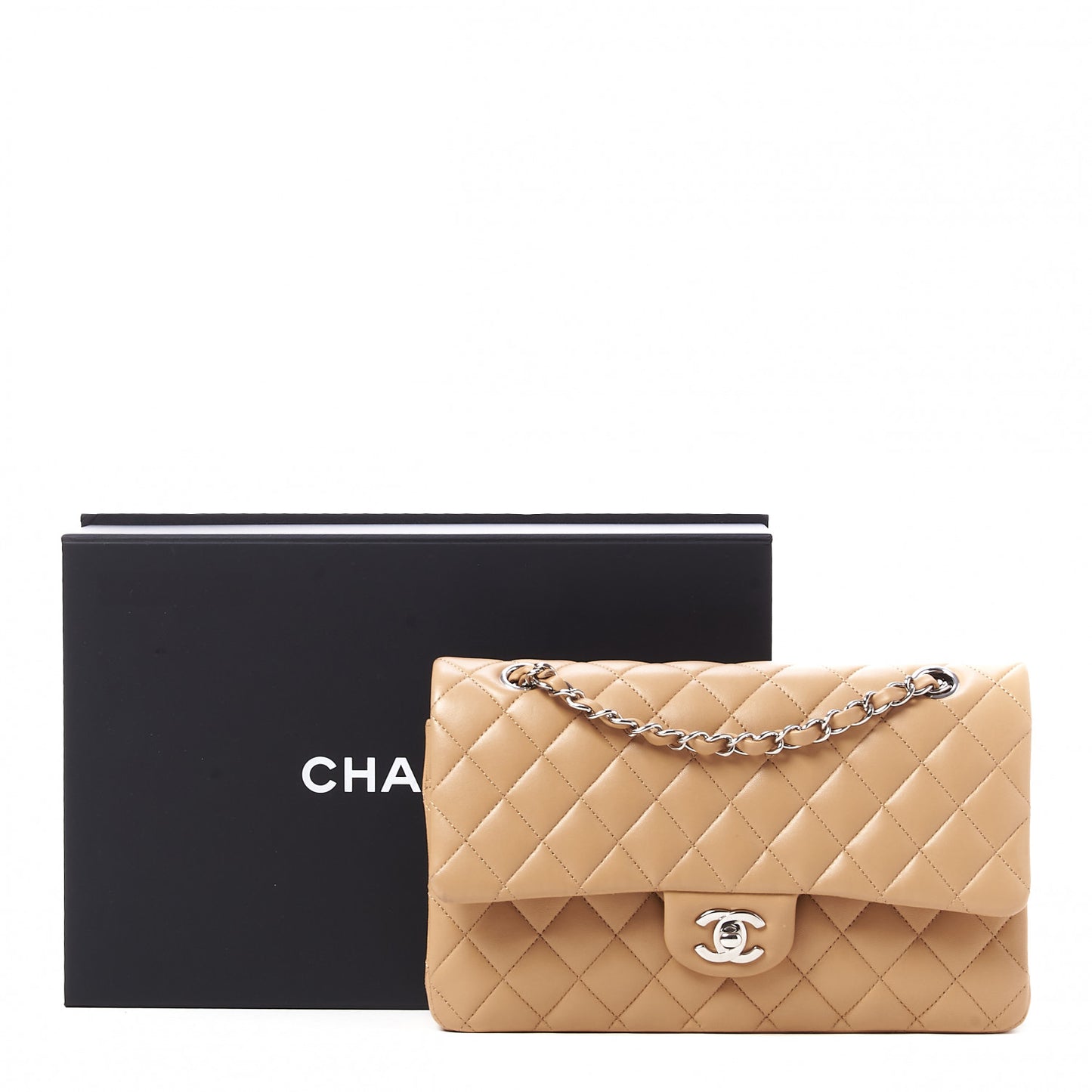 Lambskin Quilted Medium Double Flap Beige