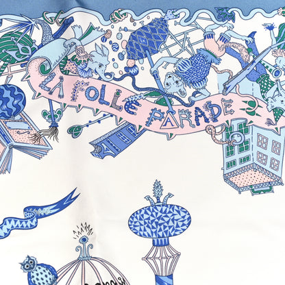 Hermes Silk La Folle Parade Scarf 90 Bleu Jean White Rose 3 of 6