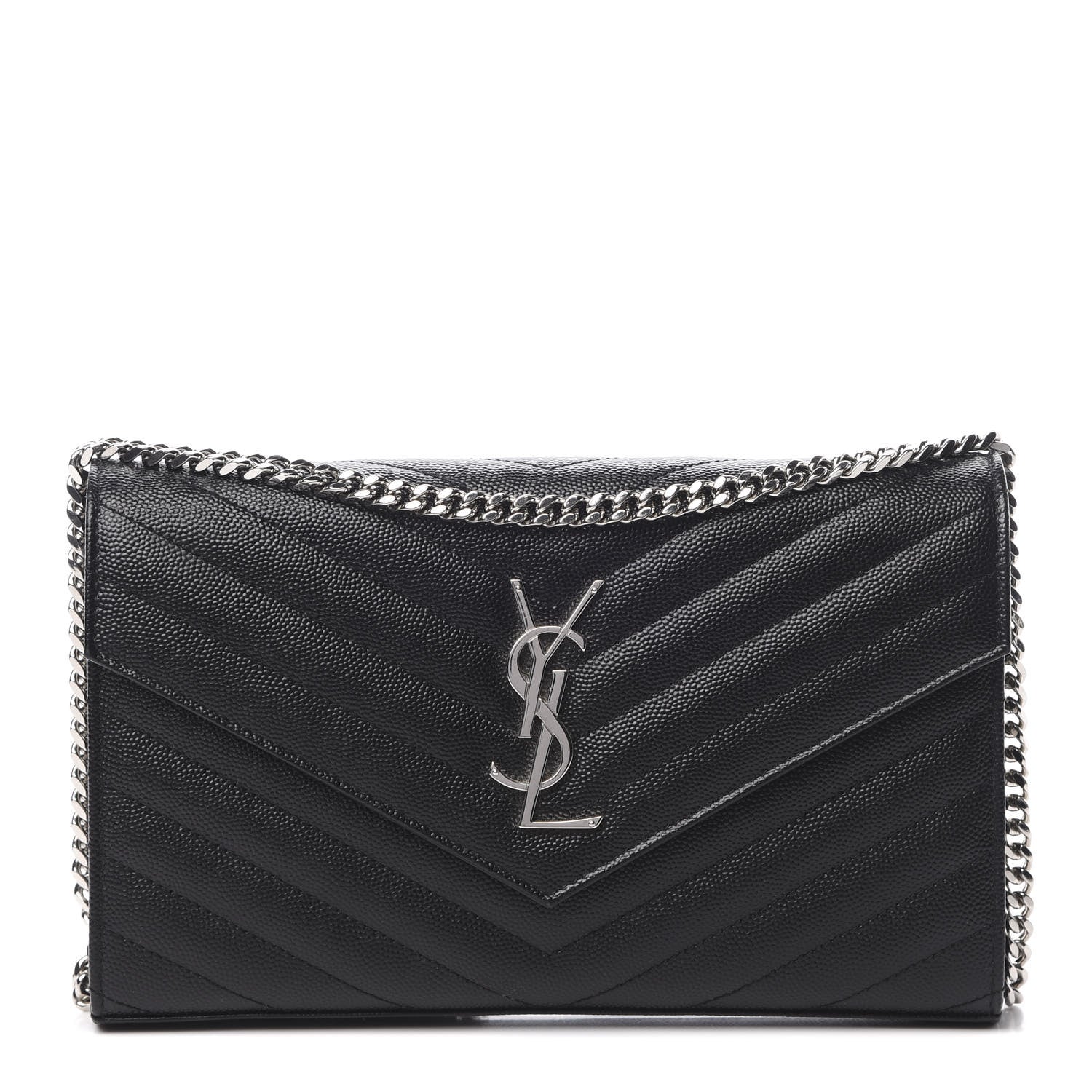 Saint Laurent Grain De Poudre Matelasse Chevron Monogram Chain Wallet Black 1 of 12