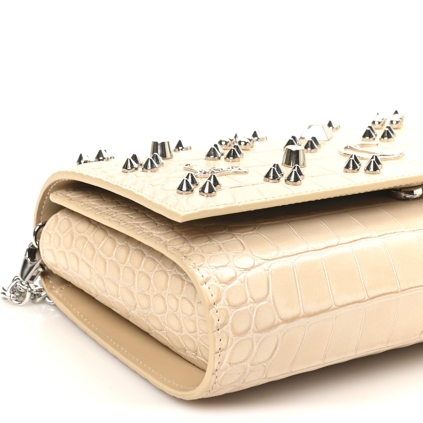 Calfskin Crocodile Embossed Spikes Loubinthesky Paloma Clutch Nougat