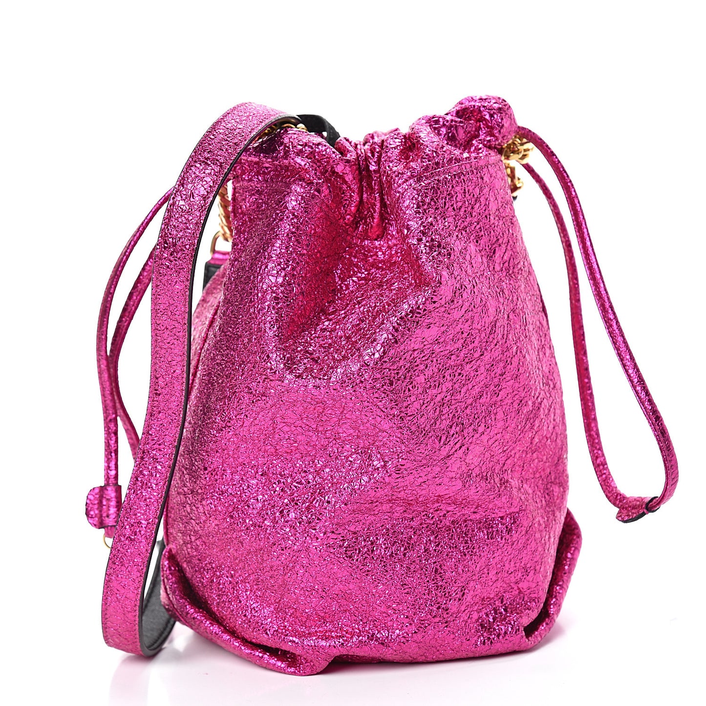 Metallic Crackled Calfskin Teddy Drawstring Bag Fuchsia Black
