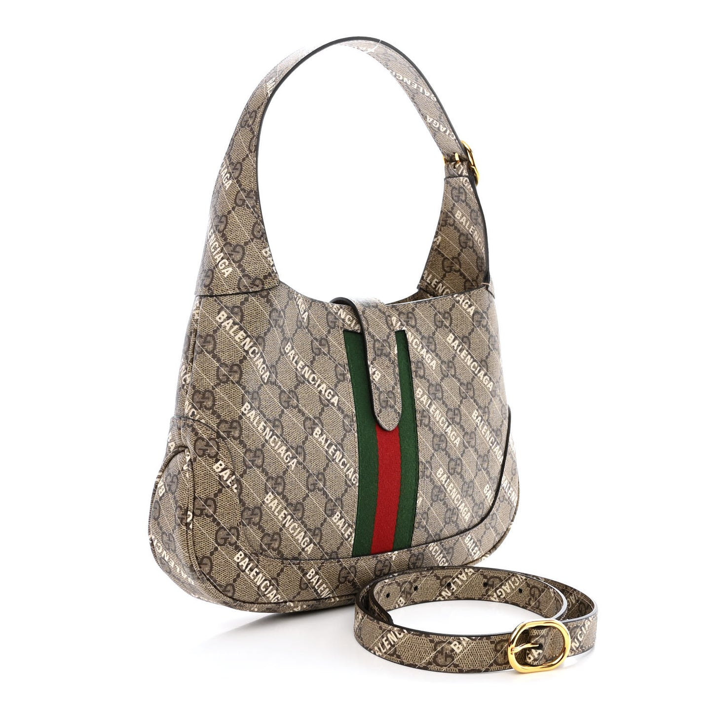 X BALENCIAGA GG Supreme Monogram Striped Logo Print Web Small Jackie 1961 Hobo Beige Ebony Mystic White