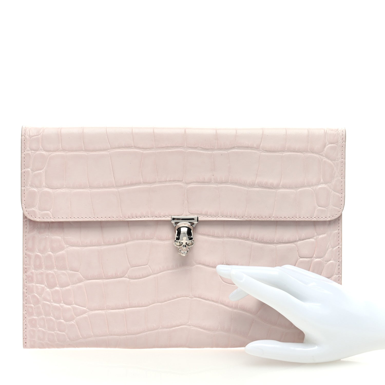 Alexander McQueen Calfskin Crocodile Embossed Skull Envelope Clutch Pink 2 of 7