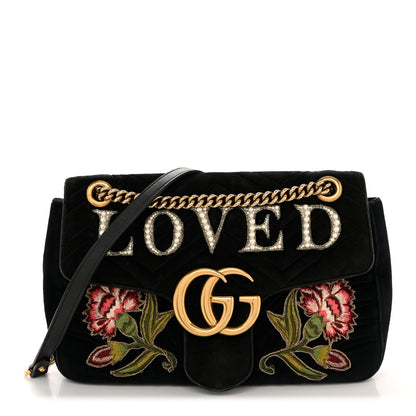 Gucci Velvet Matelasse Loved Embroidered Medium GG Marmont Shoulder Bag Black 1 of 15