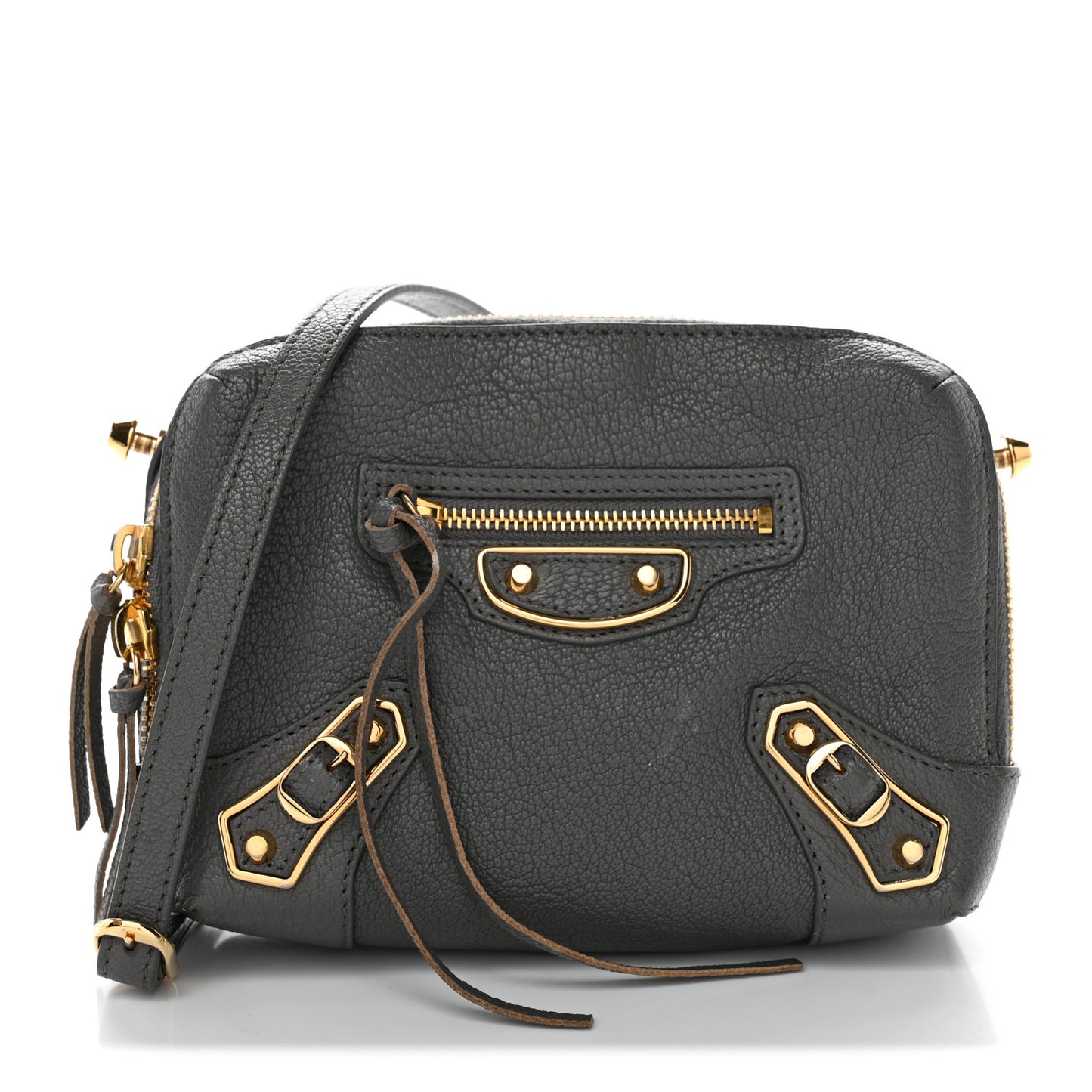 Chevre Gold Metallic Edge Hardware XS Reporter Crossbody Gris Acier