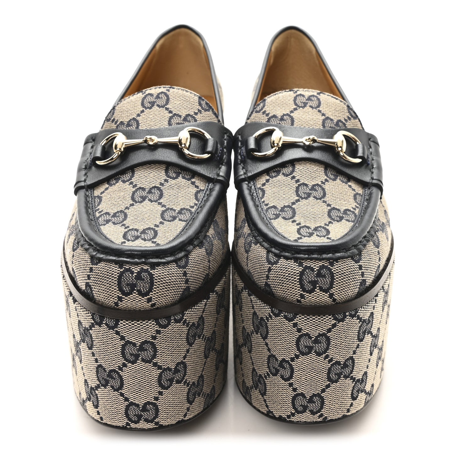 Canvas GG Monogram Horsebit Calfskin Womens Horsebit Platform Loafers 37 Beige Blue