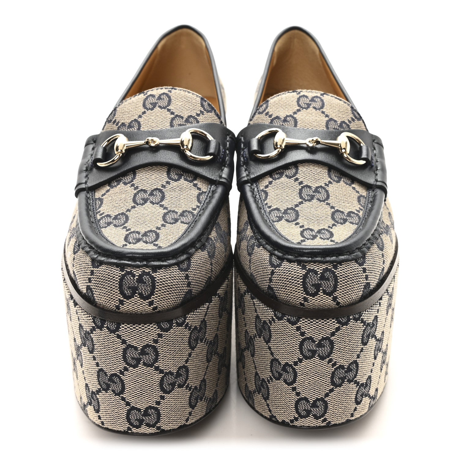 Gucci Canvas GG Monogram Horsebit Calfskin Womens Horsebit Platform Loafers 37 Beige Blue 3 of 10