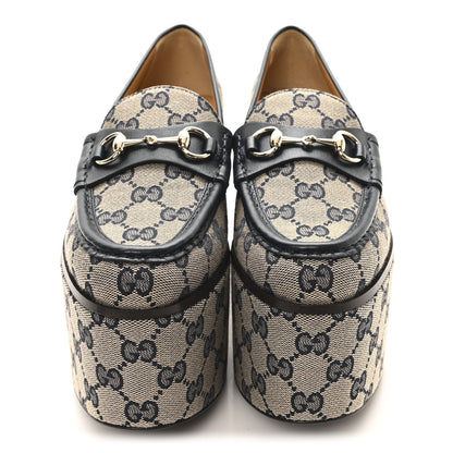 Gucci Canvas GG Monogram Horsebit Calfskin Womens Horsebit Platform Loafers 37 Beige Blue 3 of 10