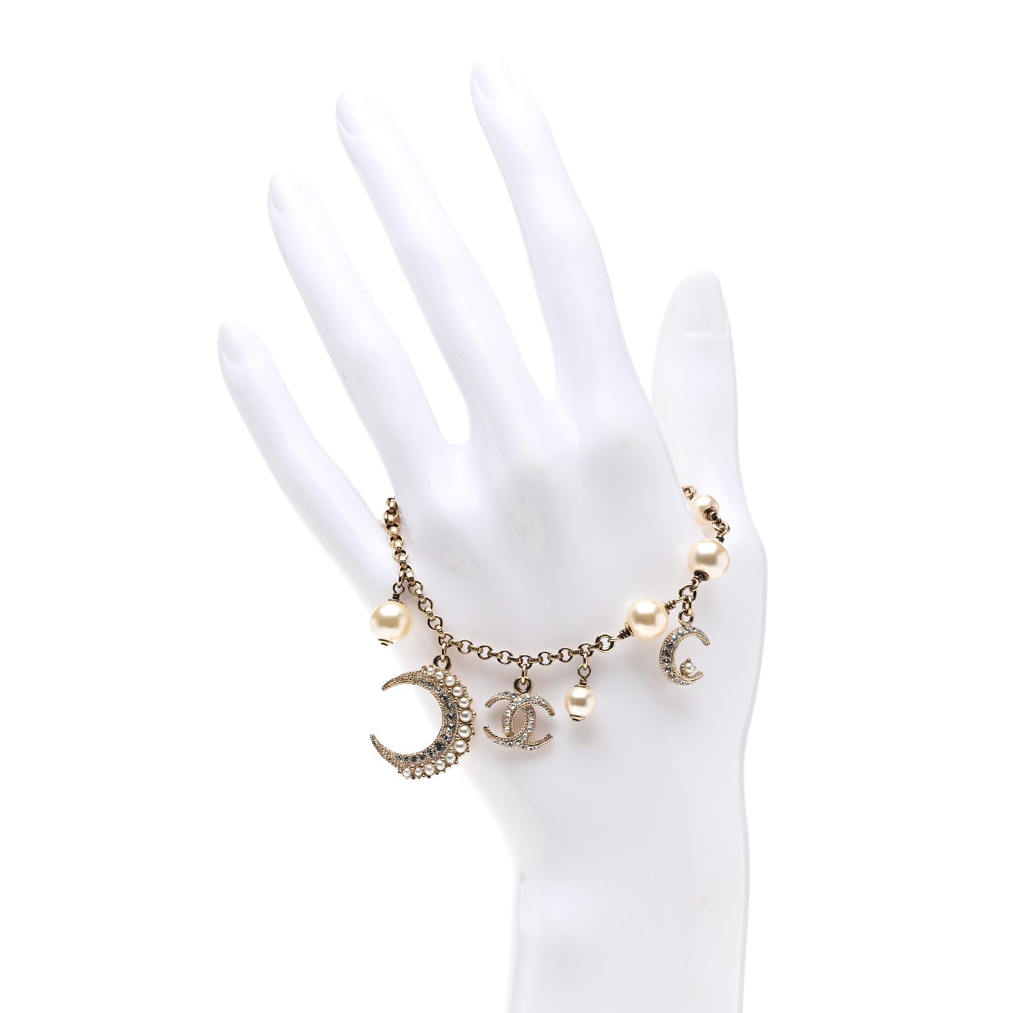 Pearl Crystal CC Moon Bracelet Gold