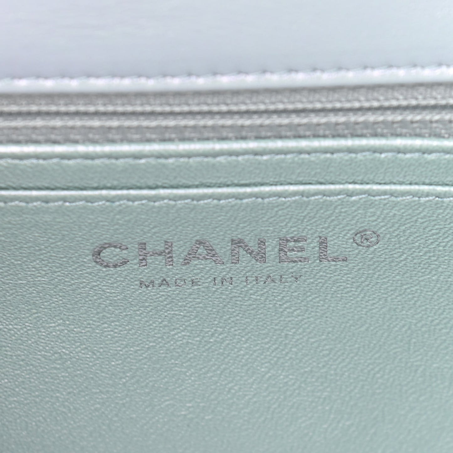 Iridescent Calfskin Quilted Mini Rectangular Flap Light Blue