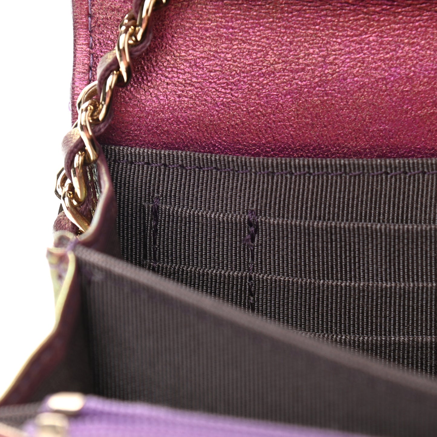 Iridescent Lambskin Quilted Mini Wallet On Chain WOC Purple