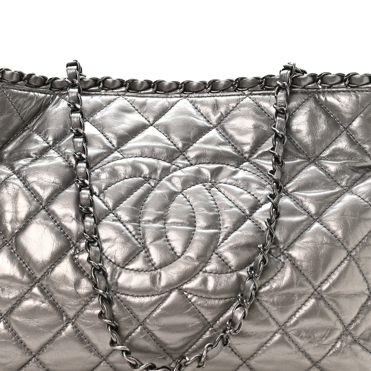 Metallic Calfskin Small Chain Me Tote Silver
