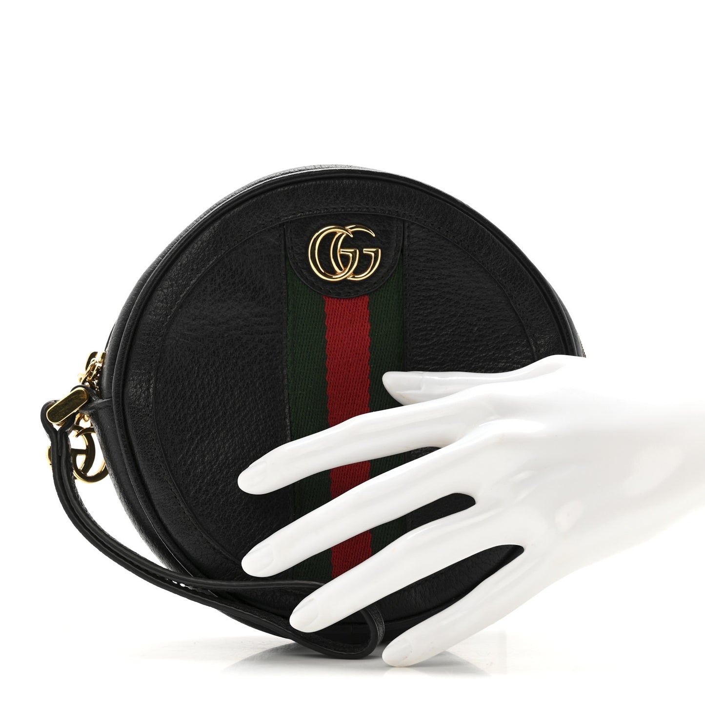 Textured Calfskin Web Ophidia Round Wrist Wallet Black