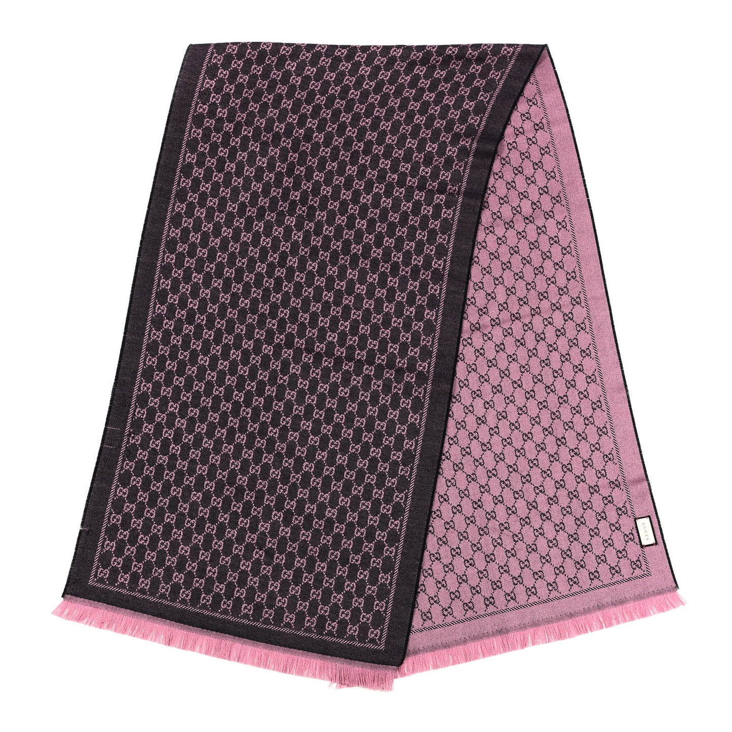 Wool GG Monogram Reversible New Sten Fringe Scarf Midnight Blue Pink