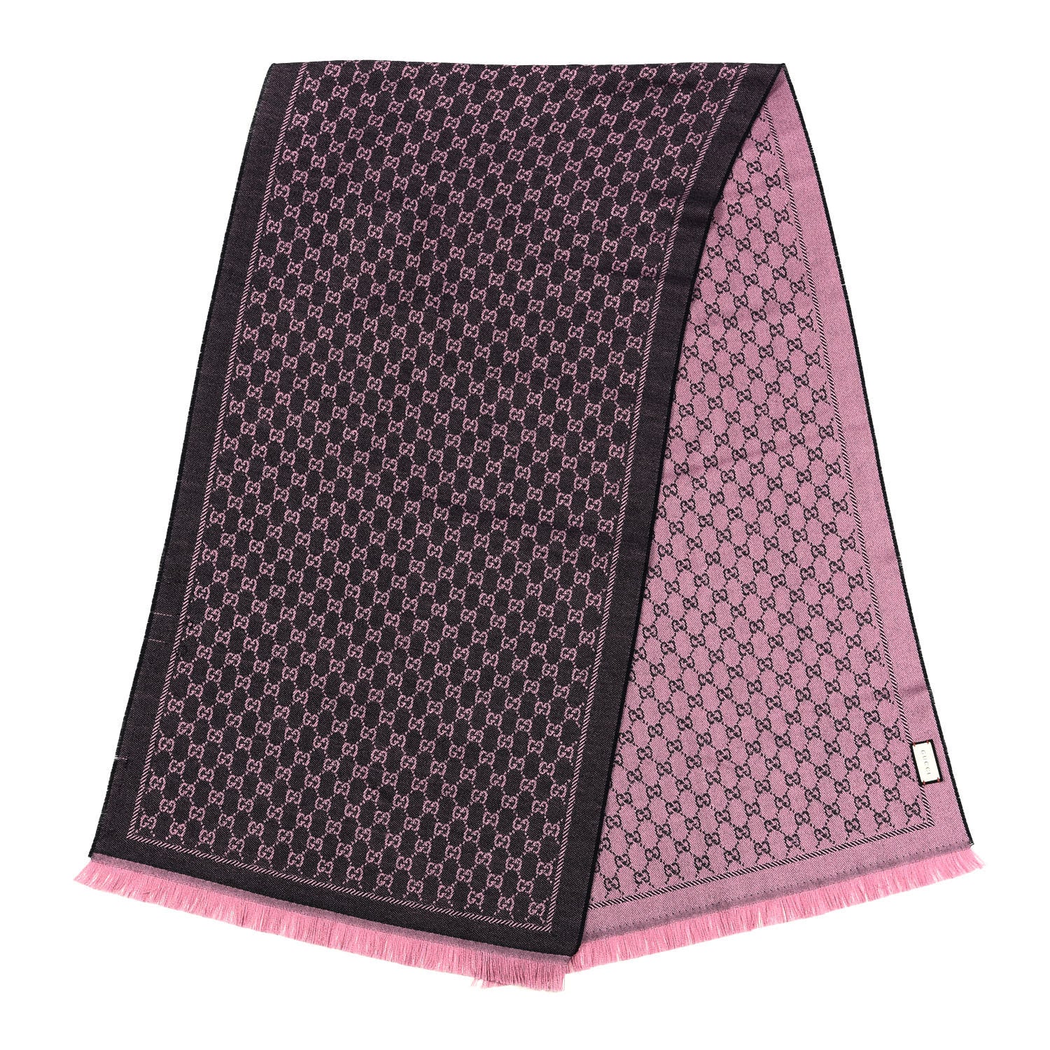 Gucci Wool GG Monogram Reversible New Sten Fringe Scarf Midnight Blue Pink 2 of 3