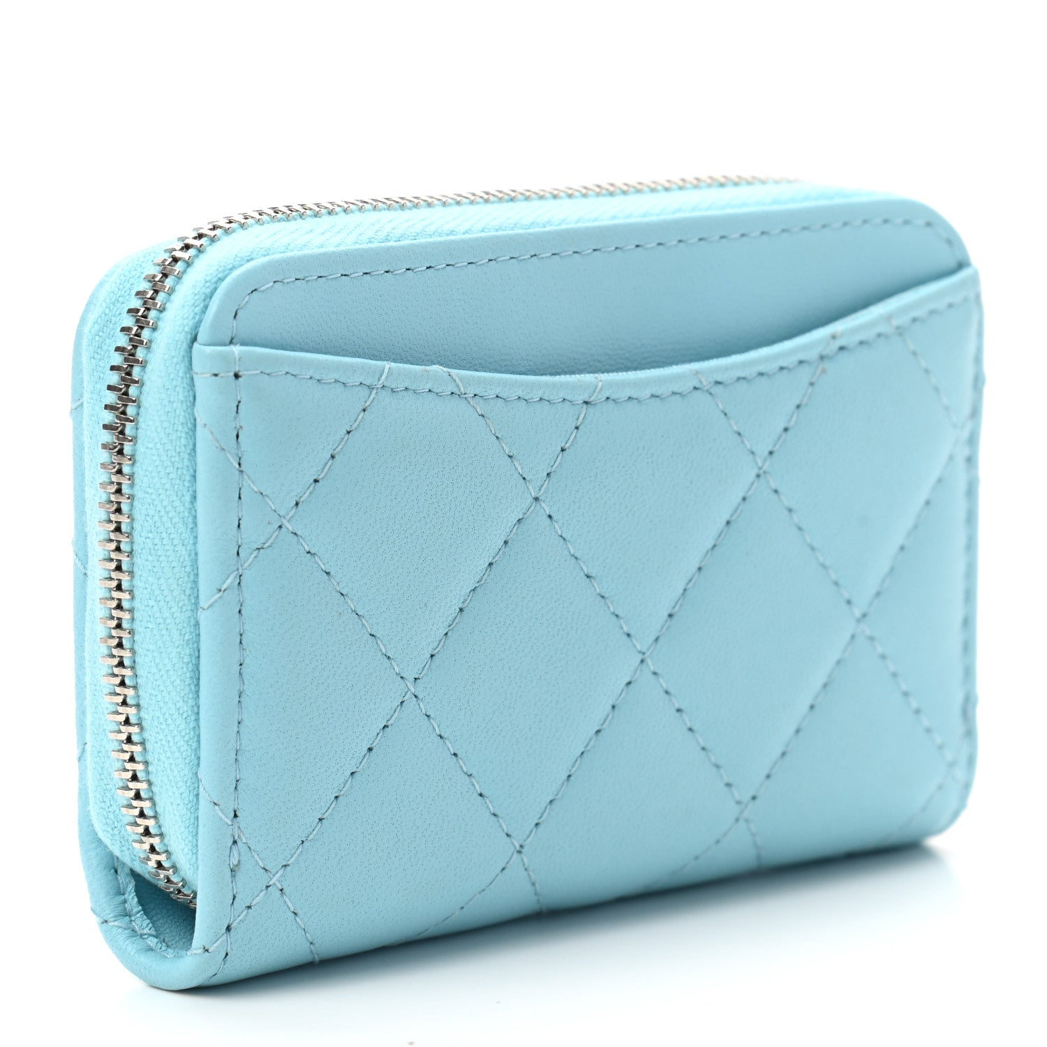 Chanel Lambskin Quilted Zip Around Coin Purse Wallet Neon Blue 3 of 7
