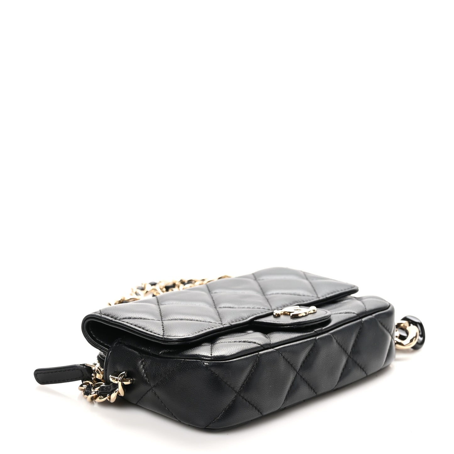 Lambskin Quilted Resin Bi-Color Flap Phone Holder With Chain Black