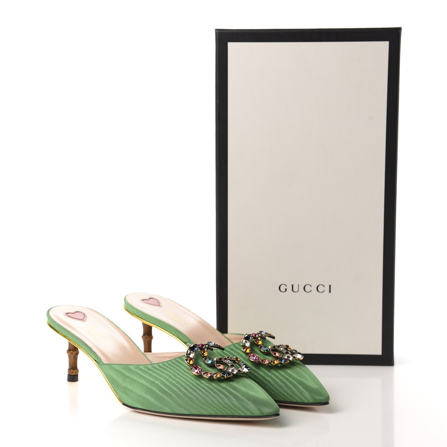 Gucci Moire Fabric Crystal GG Embellished Mules 38 New Shamarock 10 of 10