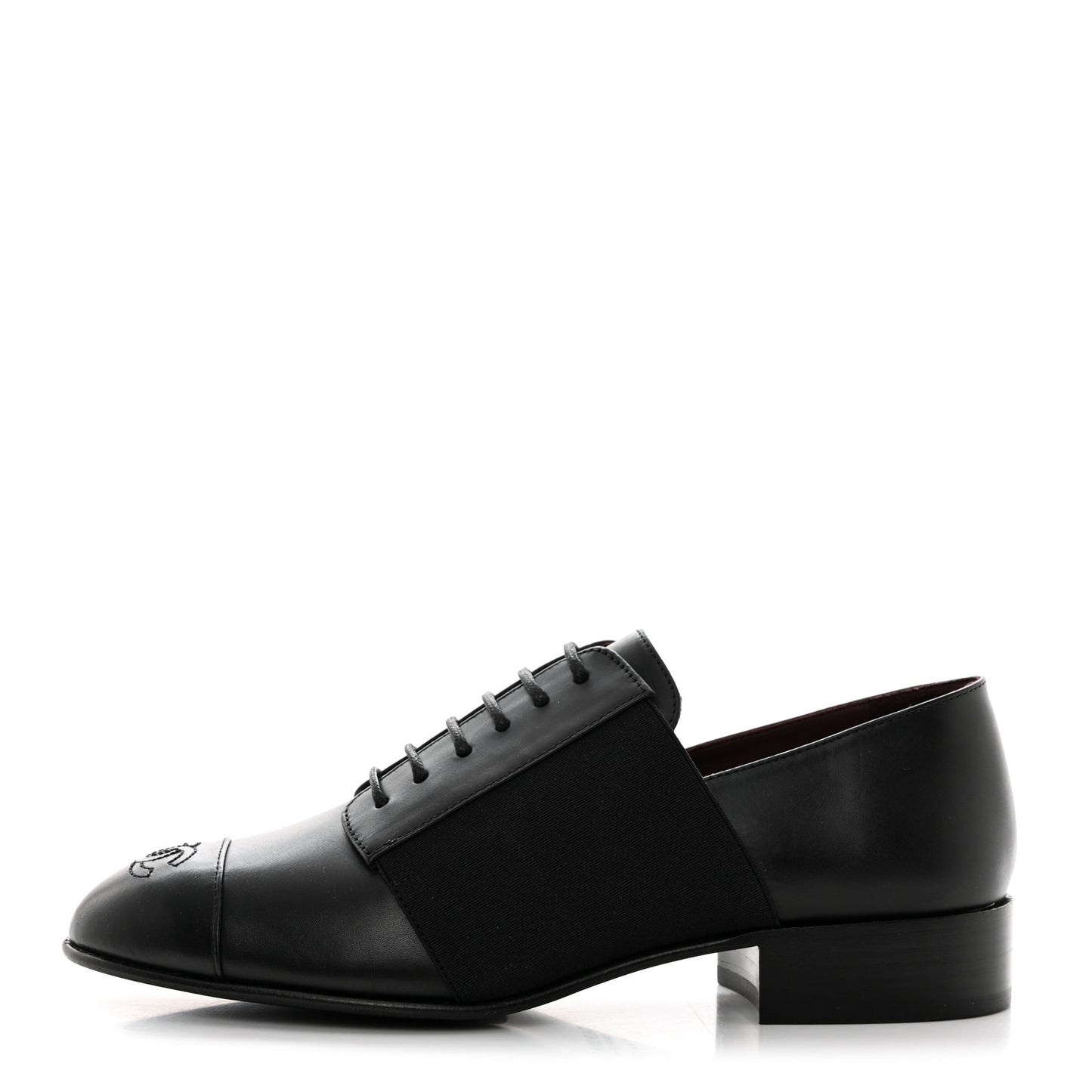 Calfskin Elastic Lace Up Cap Toe CC Loafers 36 Black