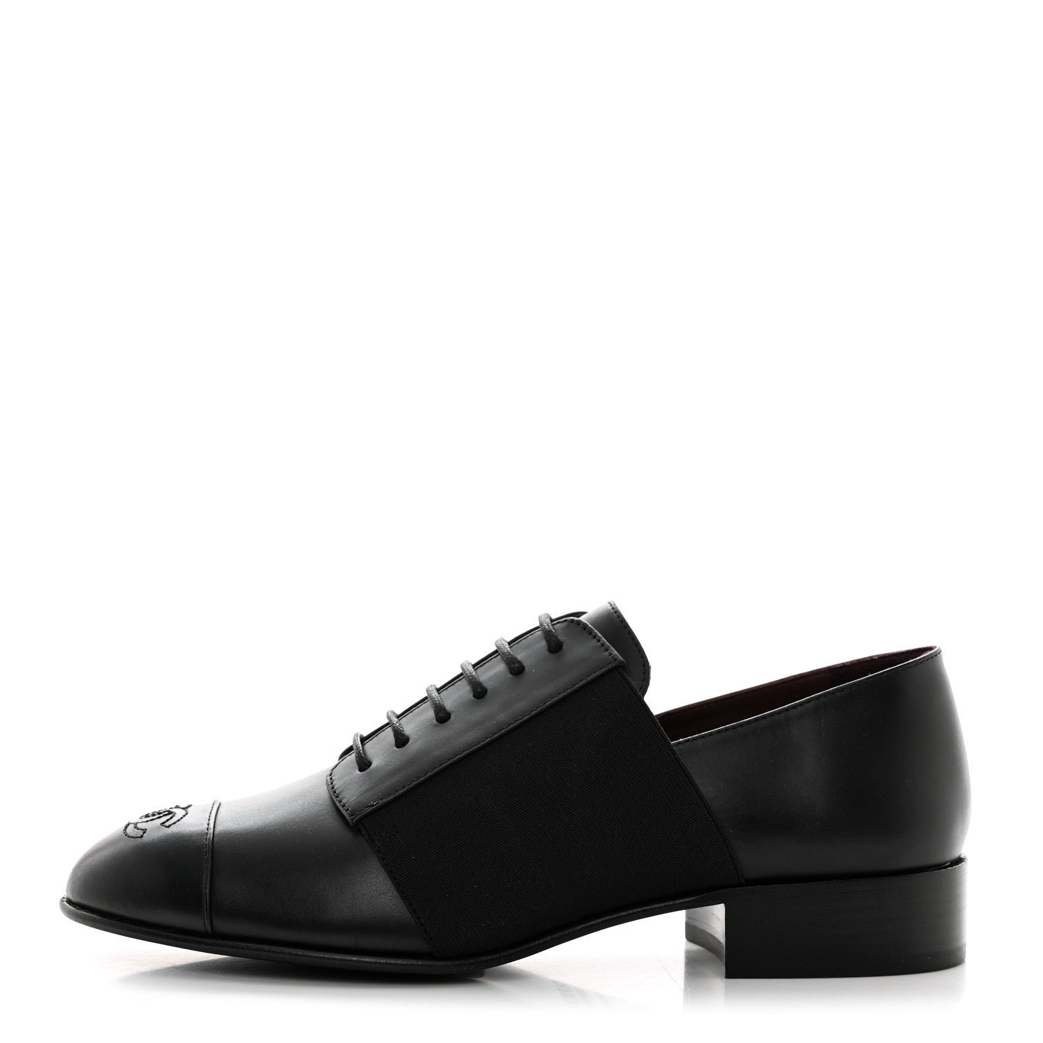 Chanel Calfskin Elastic Lace Up Cap Toe CC Loafers 36 Black 1 of 9