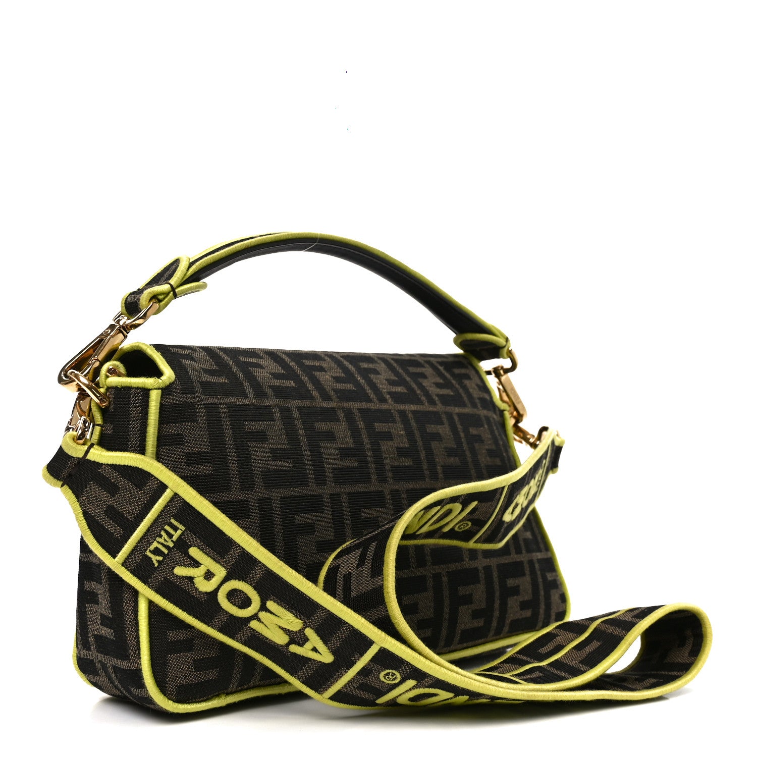 Fendi Fabric Jacquard FF 1974 Large Baguette Tobacco Moro Giallo Fluo 3 of 11