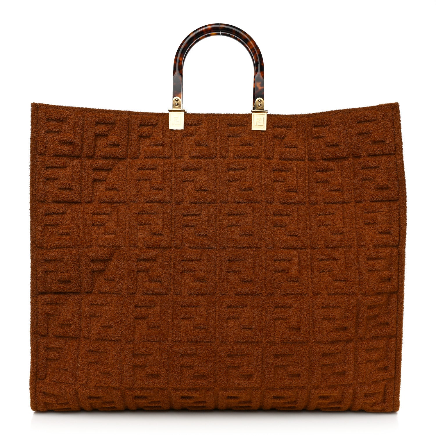 Fendi Terrycloth Plexiglass FF Embossed XL Fendi Sunshine Shopper Tote Caramel 1 of 7