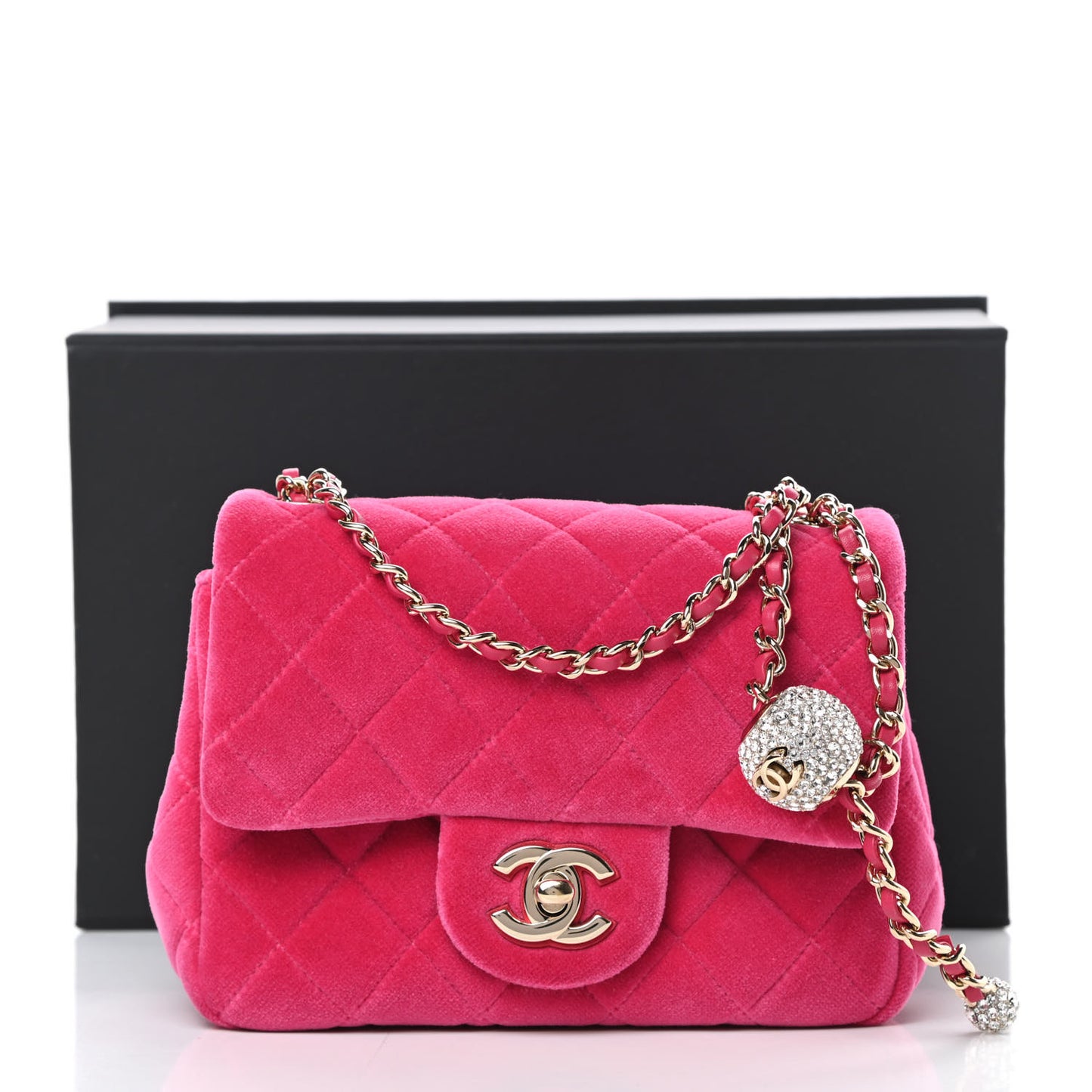 Velvet Quilted Mini Square Pearl Crush Flap Fuchsia