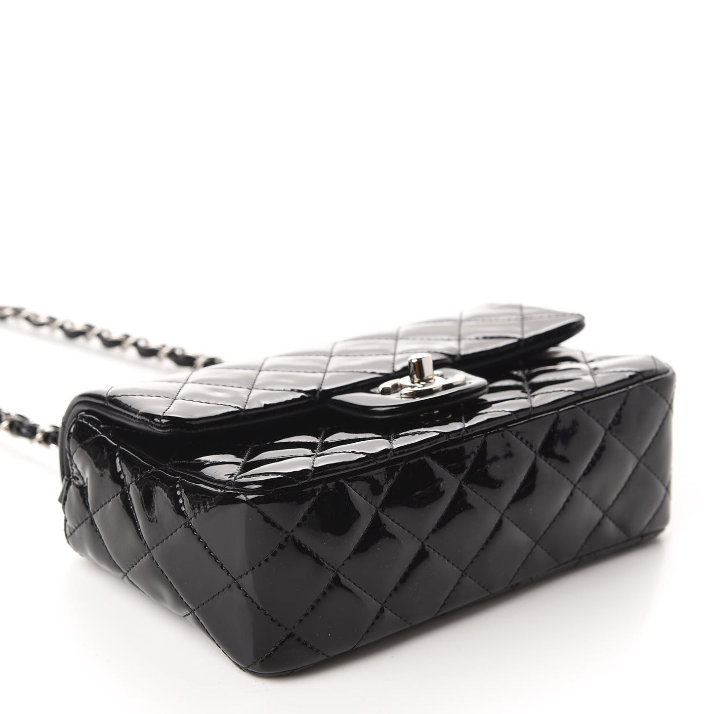 Patent Calfskin Quilted Mini Rectangular Flap Black