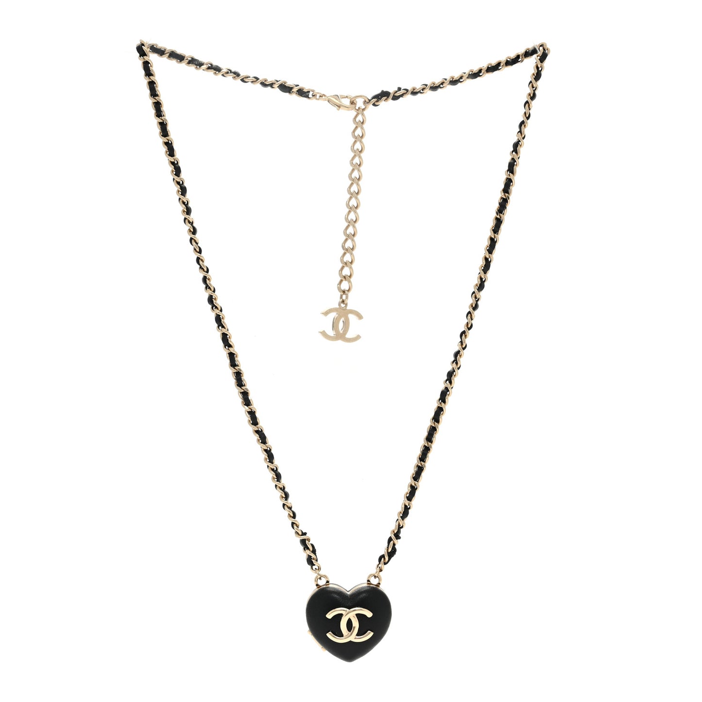 Lambskin CC Heart Mirror Locket Necklace Gold Black