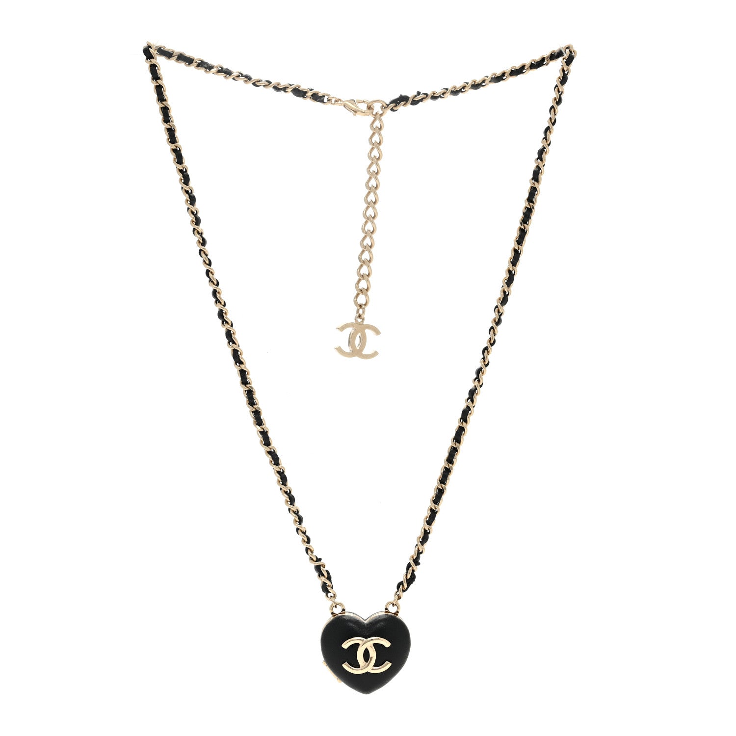 Chanel Lambskin CC Heart Mirror Locket Necklace Gold Black 2 of 6