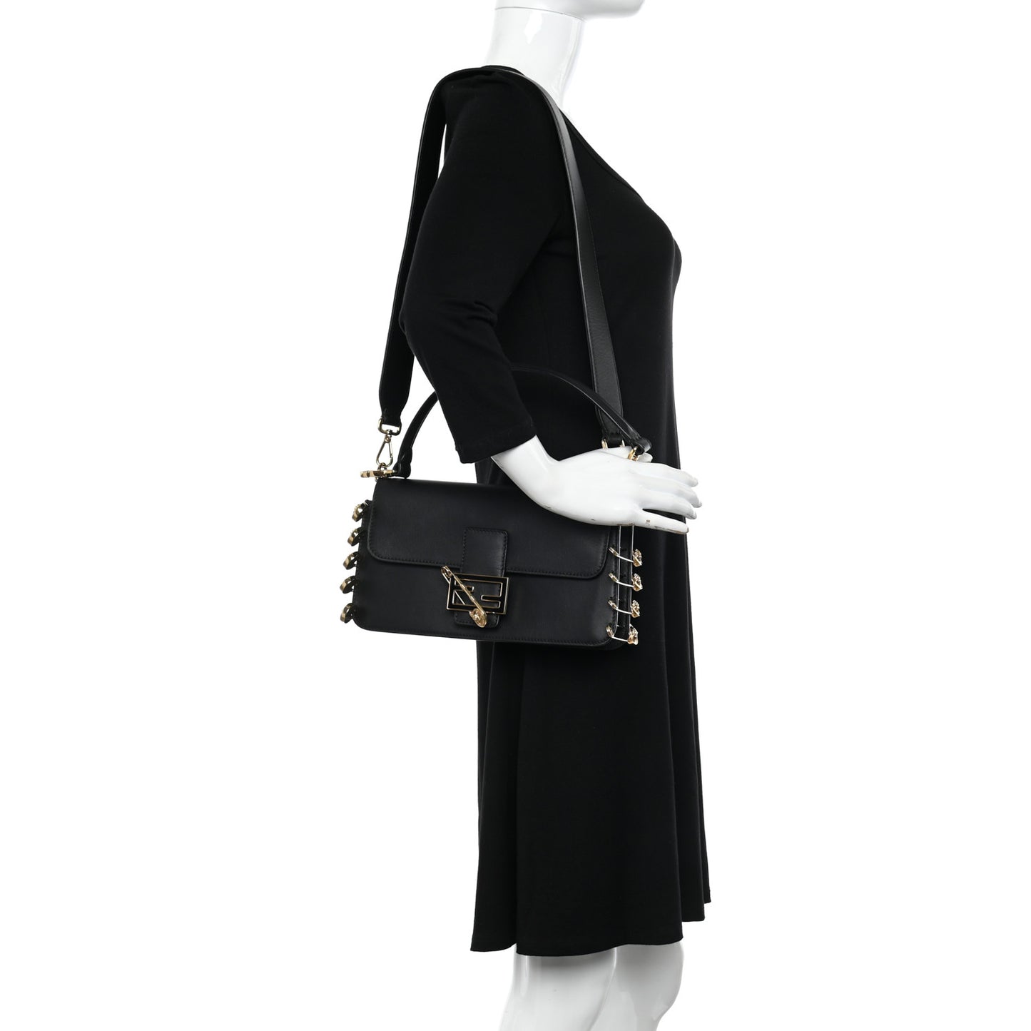 X VERSACE Vitello Seta Fendace Brooch Baguette Black