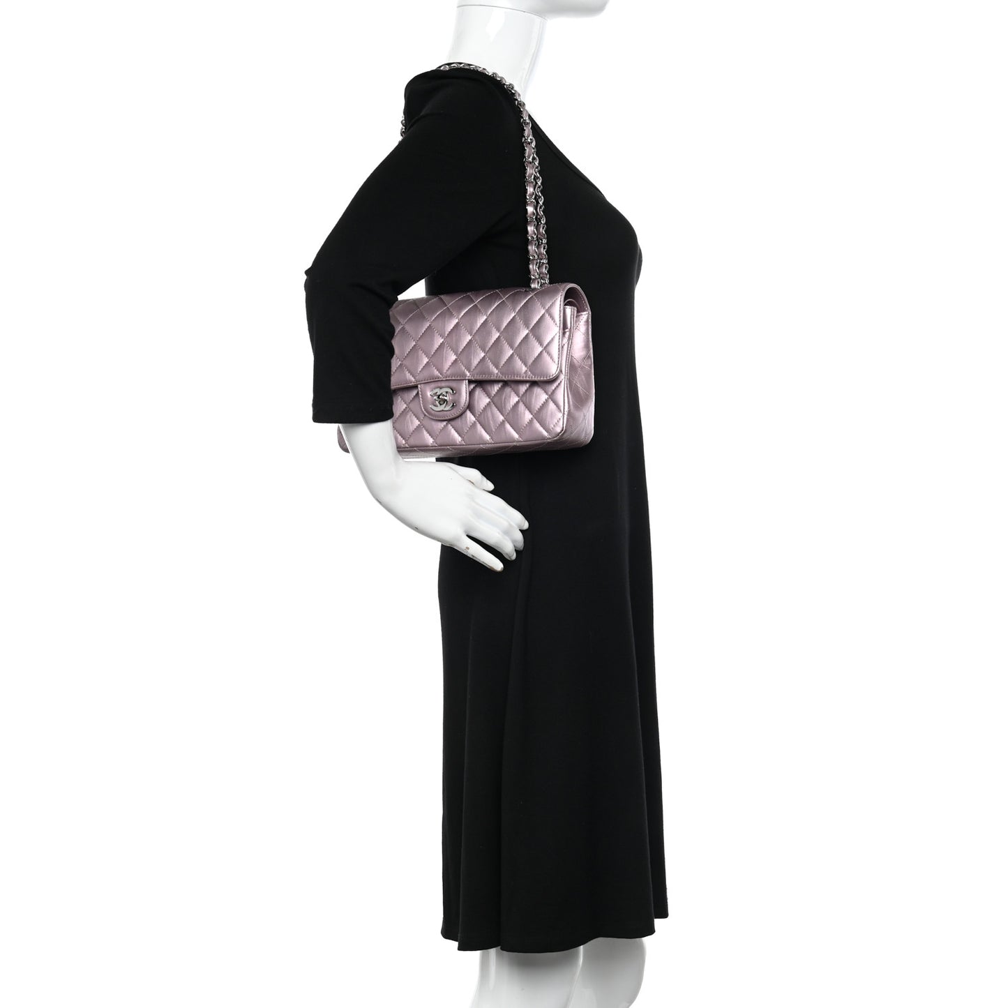 Metallic Calfskin Quilted Medium Double Flap Purple